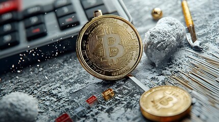 Poster - Cryptocurrency and precious metal prices such as Bitcoin and gold fluctuating on a digital display with financial data and market indicators  Concept of digital currency and economic trends