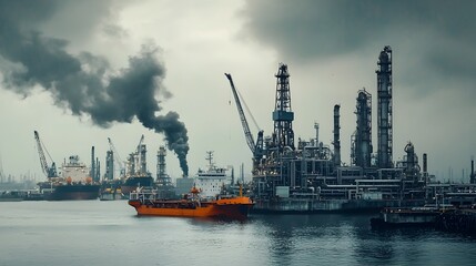 Aufkleber - Dramatic overhead view of an industrial port with offshore oil platforms and pipelines transporting crude oil to onshore storage tanks and refining facilities  This moody