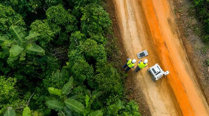 Poster - Engineers inspecting and maintaining a section of an oil pipeline running through a forested terrain highlighting the critical infrastructure work required for energy production and transportation