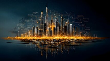 Aufkleber - futuristic cityscape with skyscrapers and high rise buildings illuminated with colorful lights that 