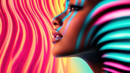 Poster - A striking profile of a woman's face, beautifully lit with colorful light streaks, juxtaposing abstract design with human elegance in a modern, artistic composition.