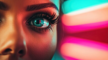 Poster - An artistic close-up of an eye, capturing vivid reflections of colorful, neon lights, symbolizing vision, perception, and the intersection of art and human essence.