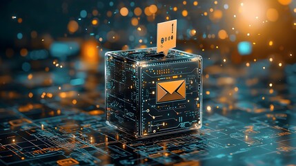 Poster - Futuristic transparent digital ballot box floating in a holographic room symbolizing advanced voting and election technology  This abstract surreal 3D render depicts a modern