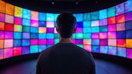 Wall Mural - multimedia creators integrating sound and visuals, dark immersive studio, vibrant screen displays, c