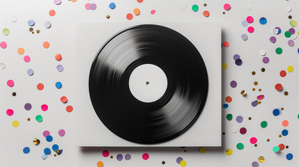 Vinyl record with colorful confetti on white background