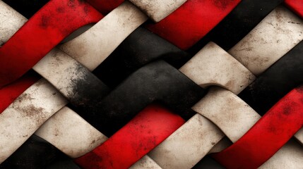 Poster - An intricate abstract pattern of interwoven bands in red, black, and cream colors, creates a visually striking geometric texture, embodying art and modern design.