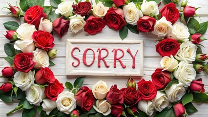 Red and white roses on the table with the inscription 