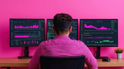Wall Mural - analytics dashboard displayed on multiple monitors, creator reviewing metrics, focused and professio