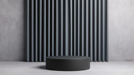 Poster - A minimalistic interior featuring a round pedestal against a textured, vertically striped wall, creating a modern and sophisticated atmosphere.