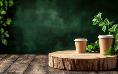 Two coffee cups on a rustic wooden slab with green foliage in the background, creating a cozy and inviting atmosphere.