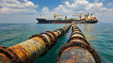 Massive oil tankers moored at a marine terminal with floating pipelines extending toward the ships for the transfer of crude oil petroleum products or other energy resources