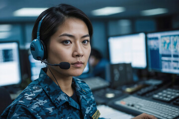 face of serious asian female naval officer in blue camouflage in naval army central control and moni