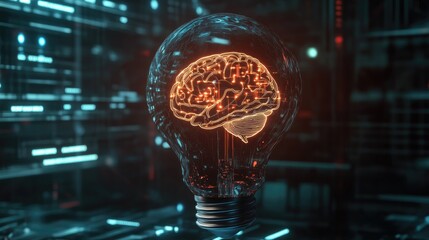 Fototapete - A glowing light bulb with brain imagery inside, symbolizing AI-driven intelligence, with a futuristic digital background.