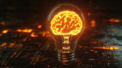Fototapete - A glowing light bulb with brain imagery inside, symbolizing AI-driven intelligence, with a futuristic digital background.