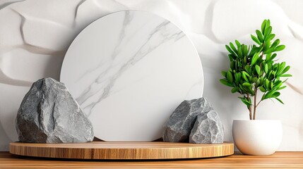 Poster - A minimalist display featuring a round marble centerpiece surrounded by stones and a potted plant, set against a textured wall.