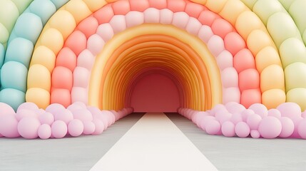 A colorful balloon arch in rainbow hues leads to a whimsical entrance, creating a joyful and vibrant atmosphere.