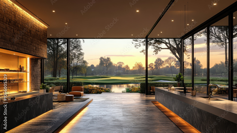 Modern living room overlooking a serene golf course at sunset ...