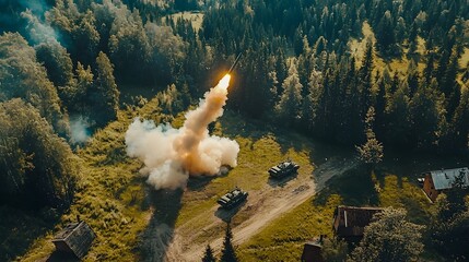 Aufkleber - Powerful anti missile artillery system launching explosive rounds at a cruise missile flying low over a dense forested area