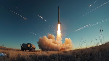 Poster - Powerful ground based missile interceptor launching from a fortified military defense base with streaking contrails cutting across the clear evening sky above