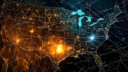 Fototapete - Satellite image showing a comprehensive missile defense grid spread across a national border with critical infrastructure like radar towers communication nodes and energy systems highlighted