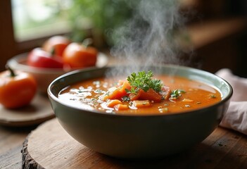 Delicious steaming vegetable soup in a bowl with fresh herbs