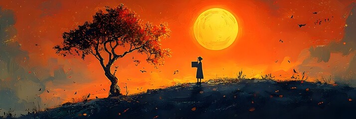 Poster - Silhouetted figure holding a glowing diploma that radiates light and energy across a mystical moody landscape under a dramatic sunset sky  Symbolic of achievement hope