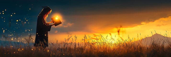 Silhouetted figure of a graduate holding a glowing diploma that illuminates the serene landscape at sunset  The radiant light from the diploma symbolizes the achievement success