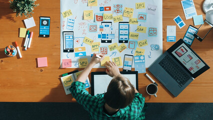 Poster - top view of smart developer working on tablet and writing ux ui design for mobile phone interface at