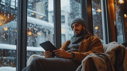 Aufkleber - A man sits comfortably in a cozy cafe, engrossed in reading on his tablet as snowflakes fall softly outside. Large windows provide a picturesque winter view, enhancing the serene atmosphere.