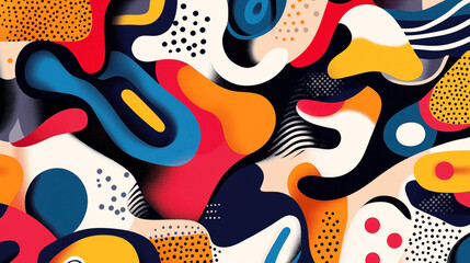 Wall Mural - Abstract illustration featuring colorful organic shapes and patterns with vibrant colors, including blue, red, orange, and yellow, creating a dynamic and modern artistic composition.