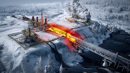 Poster - thermal image showing oil flowing through insulated pipelines during cold weather in a snowy industrial landscape