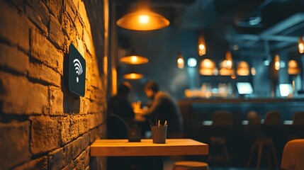 Poster - Warm and inviting lounge space featuring a prominent WiFi signal sign highlighting the connectivity features that cater to the needs of digital nomads remote workers