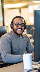 Poster - A man wearing headphones and glasses is smiling at the camera