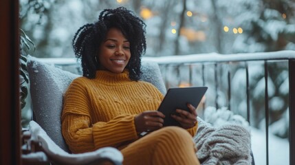 Aufkleber - A woman relaxes on a covered balcony during winter, dressed in a warm sweater, as snow blankets the landscape around her. She smiles while engaging with her tablet, creating a serene atmosphere.