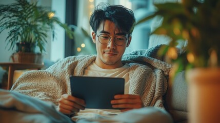 Aufkleber - A young man sits comfortably on a couch, wrapped in a soft blanket. He gazes intently at his tablet, surrounded by warm lighting and indoor plants that create a serene atmosphere.