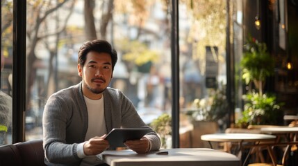 Wall Mural - A young man sits at a table in a cafe, focused on his tablet. Sunlight filters through the large windows, illuminating the space filled with plants and wooden furniture, creating a warm atmosphere.