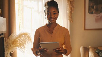 Aufkleber - A woman stands in a warm, inviting living room, smiling as she holds a tablet. Sunlight streams through the window, enhancing the cozy atmosphere, filled with soft furnishings and natural decor.