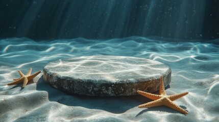 Poster - 3d empty podium under the sea with sea star