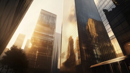 Poster - A city skyline with tall buildings and a tree in the foreground
