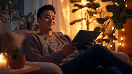 Aufkleber - A young man sits comfortably on a couch, smiling as he uses a tablet. The warmly lit room is decorated with plants and subtle twinkling lights, creating a cozy atmosphere during the evening.