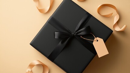 Wall Mural - A beautifully wrapped black gift box with a black ribbon and a blank tag on a light background, perfect for special occasions or celebrations