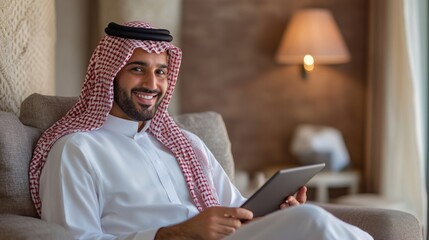 Aufkleber - A man dressed in traditional attire sits comfortably on a sofa, smiling while using a tablet.