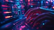 © Juan - Hands typing on a keyboard with glowing red and blue code on the screen