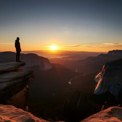 silhoutte of a man standing on the edge of a cliff mountains in sunset sun shines in the horizon