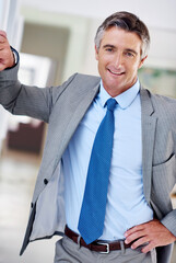 Poster - portrait, mature businessman and confidence as employee or accounting executive in financial agency.