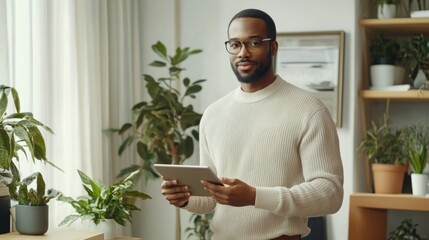 Aufkleber - A black man stands in a bright and inviting indoor environment, holding a tablet. He is surrounded by various houseplants on shelves, creating a warm atmosphere filled with natural light.
