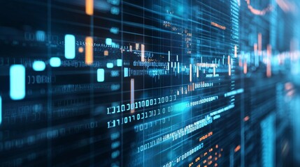 Abstract digital data and code visualization in blue tones