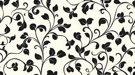a seamless floral pattern featuring black vines and leaves on a light background.
