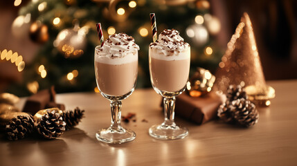 A table set with two glasses of a Christmas drink