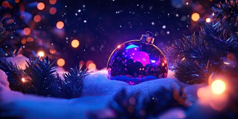 Festive Christmas ball nestled among snow-covered spruce branches, celebrating the joy of the holiday season